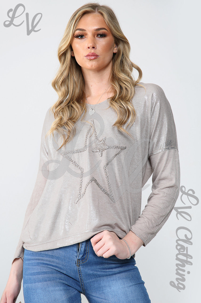 Dames Shimmer Top met Sterrenborduursel Taupe - Prijs per stuk €11,99