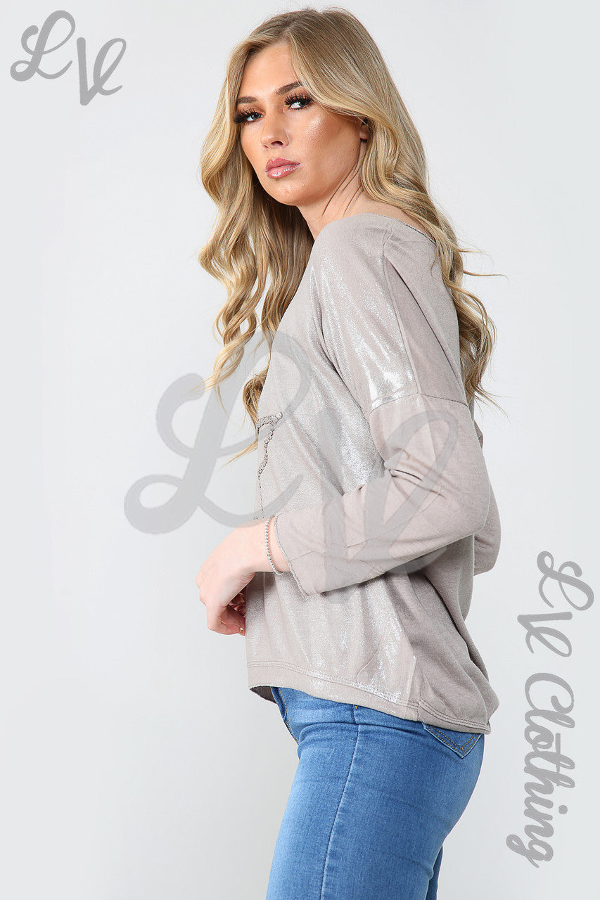 Dames Shimmer Top met Sterrenborduursel Taupe - Prijs per stuk €11,99
