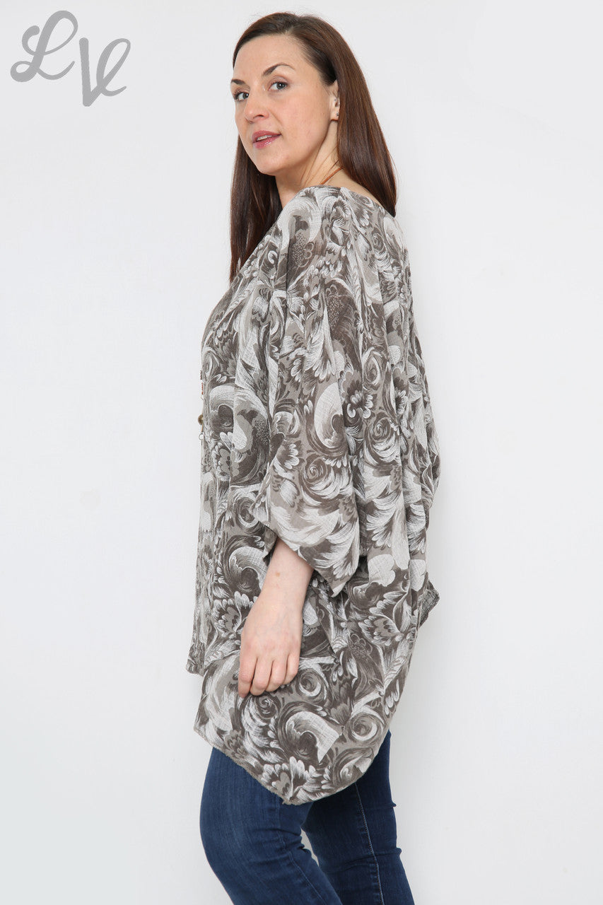 Dames Barok Print Batwing Top Taupe Prijs per eenheid €10,99