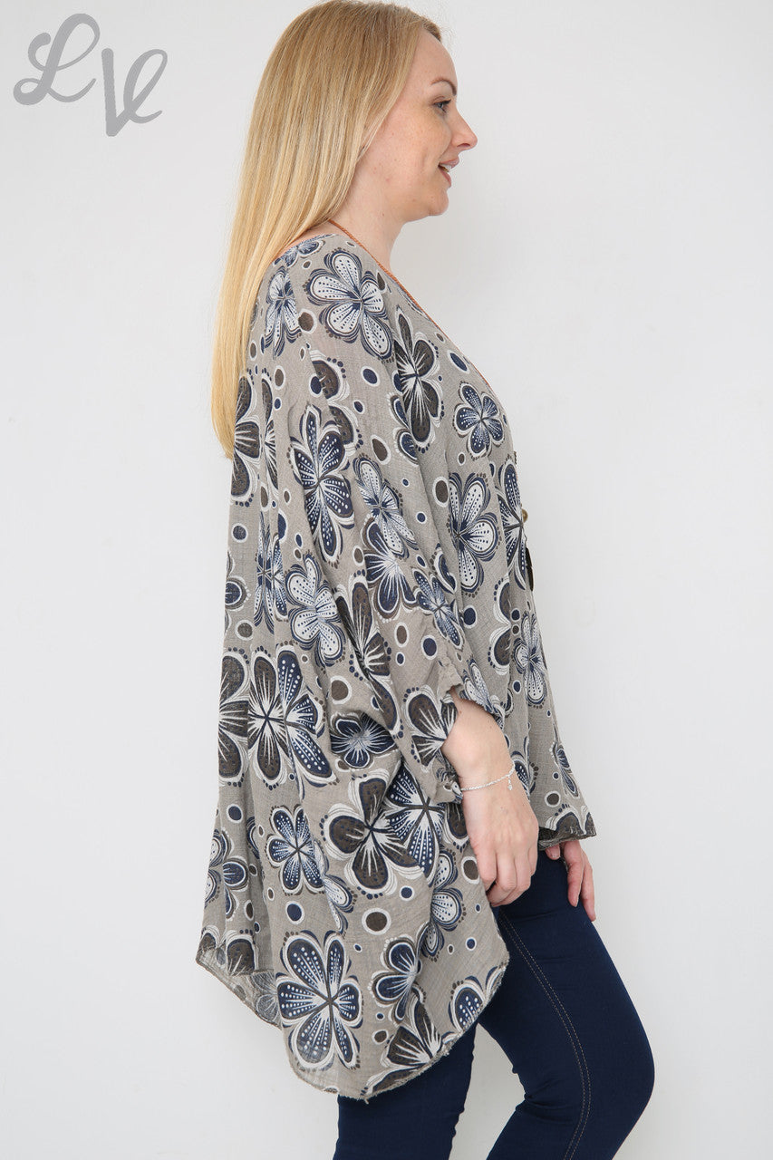 Dames Top met Vleermuismouwen en Bloemenprint Taupe
