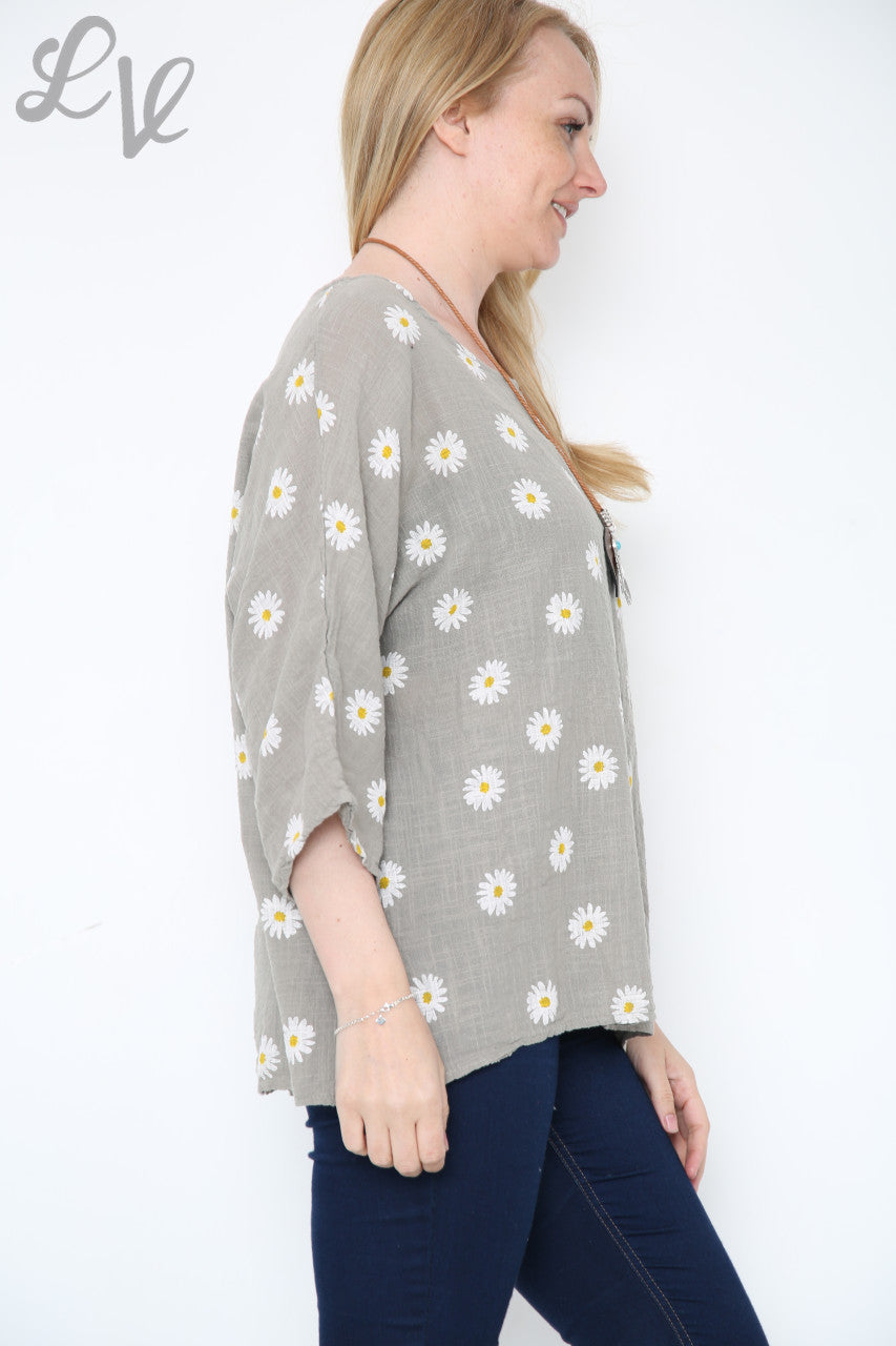 Ladies Daisies Floral Print Top Taupe