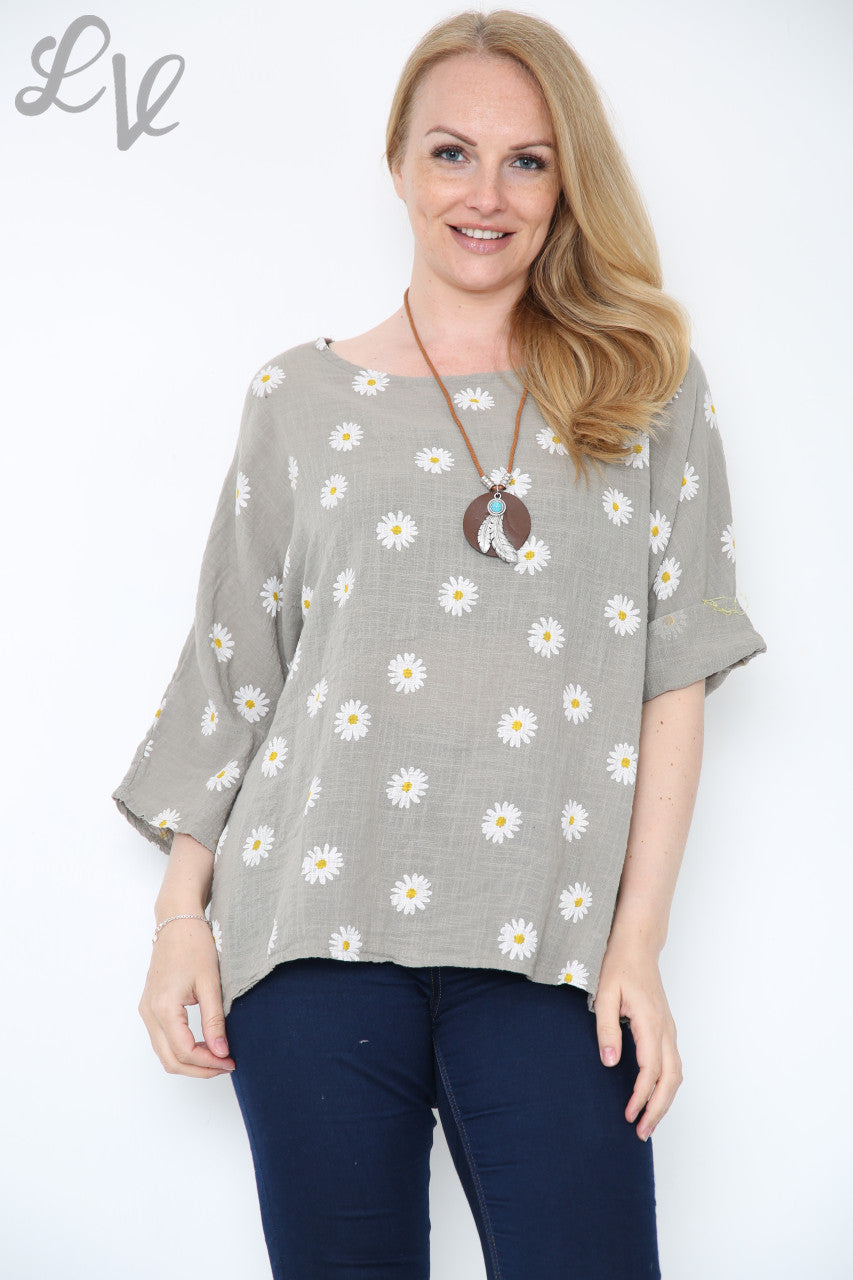 Ladies Daisies Floral Print Top Taupe
