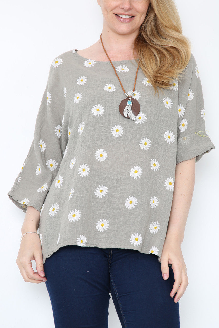 Ladies Daisies Floral Print Top Taupe