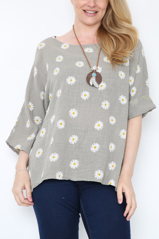 Ladies Daisies Floral Print Top Taupe