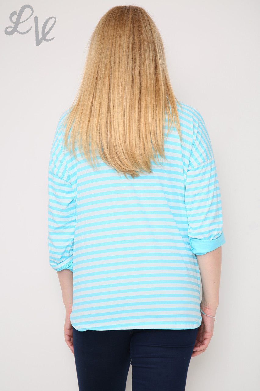 Dames gestreepte top met oprolmouwen turquoise prijs per stuk €8,99