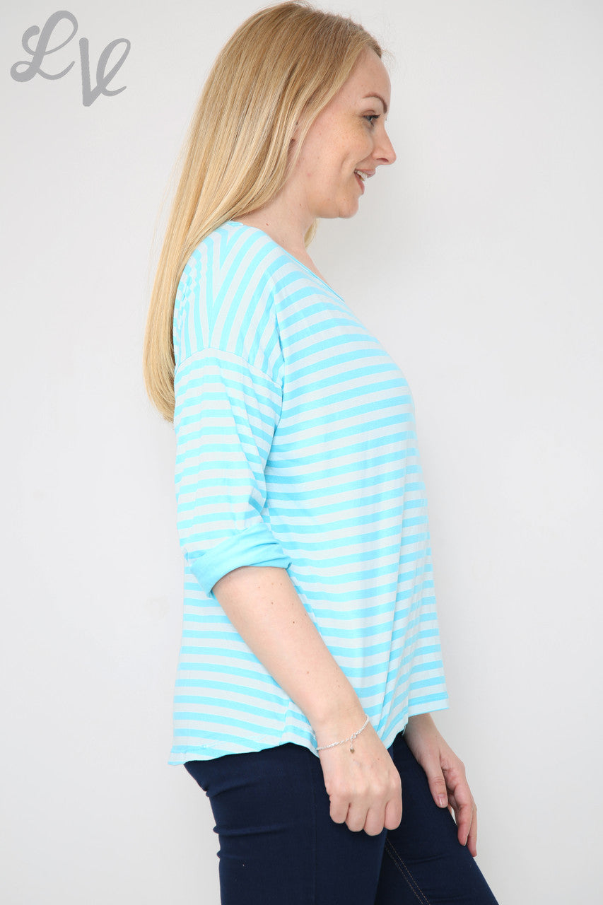 Dames gestreepte top met oprolmouwen turquoise prijs per stuk €8,99