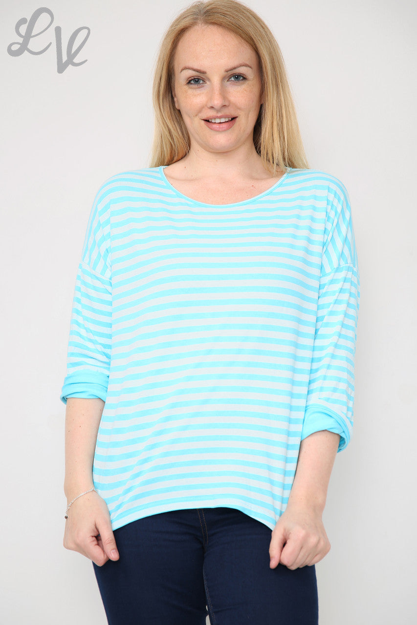 Dames gestreepte top met oprolmouwen turquoise prijs per stuk €8,99
