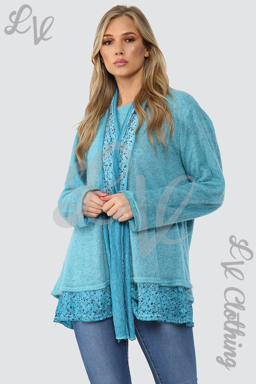 Ladies Floral Print Under-layer Jumper With Scarf Turquiose - Unit Price £14.99