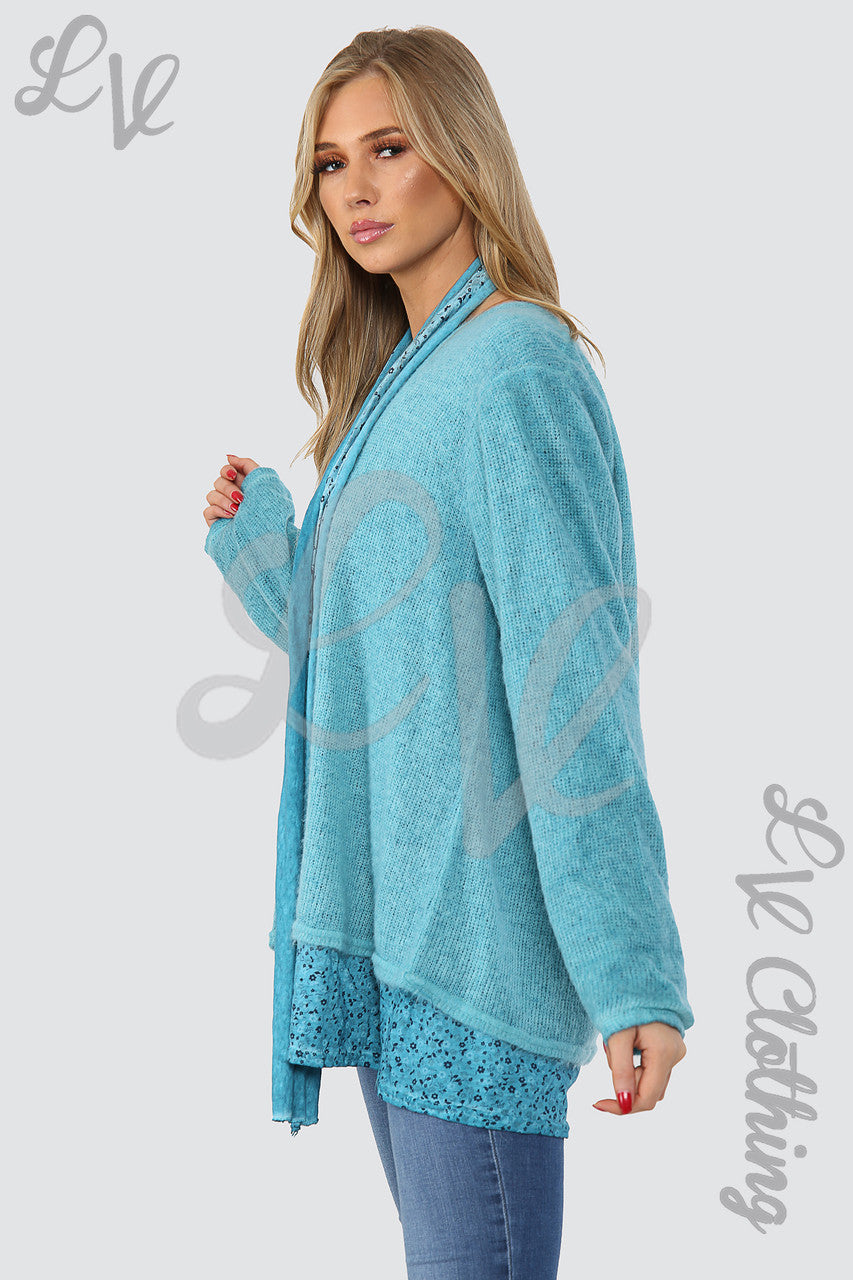 Ladies Floral Print Under-layer Jumper With Scarf Turquiose - Unit Price £14.99