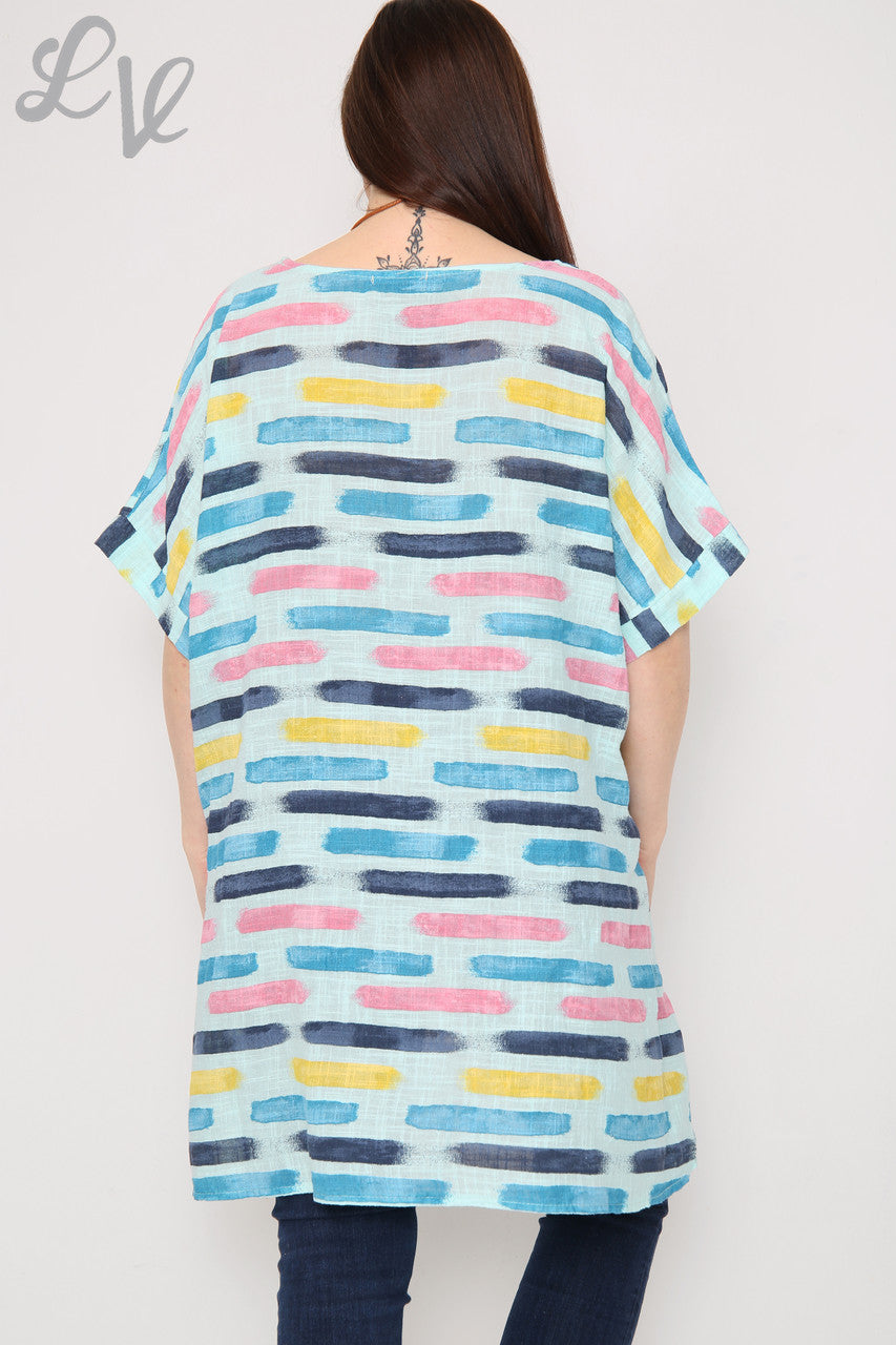 Ladies Paint Stripes Print Asymmetrical Top Turquoise Unit Price £8.99