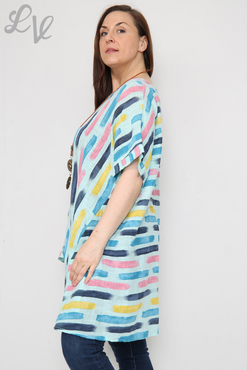 Ladies Paint Stripes Print Asymmetrical Top Turquoise Unit Price £8.99