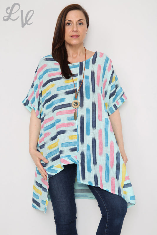 Ladies Paint Stripes Print Asymmetrical Top Turquoise Unit Price £8.99