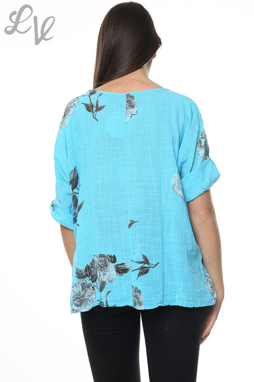 Dames Bloemen Sketch Simpele Top Turkoois Prijs per eenheid £7.99