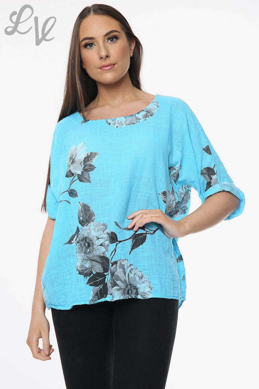 Dames Bloemen Sketch Simpele Top Turkoois Prijs per eenheid £7.99