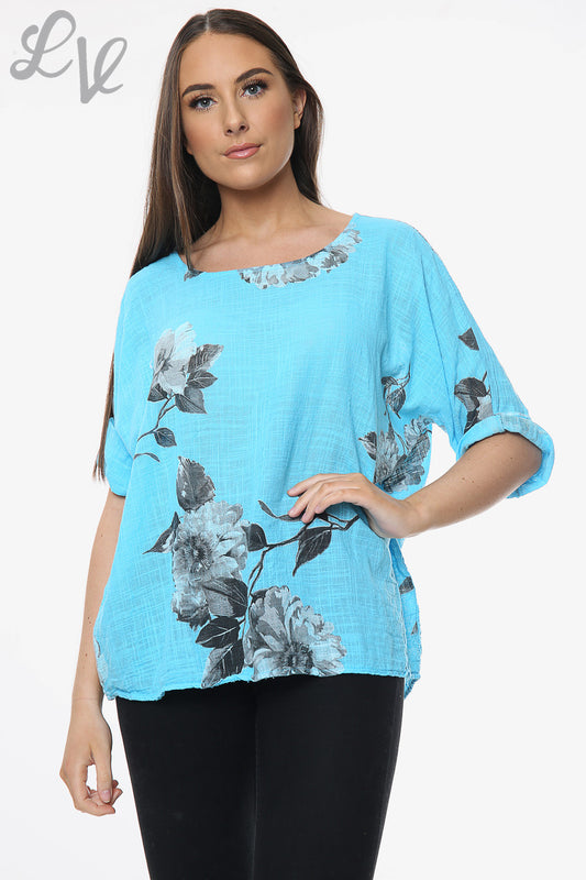 Ladies Flower Sketch Simple Top Turquoise Unit Price £7.99