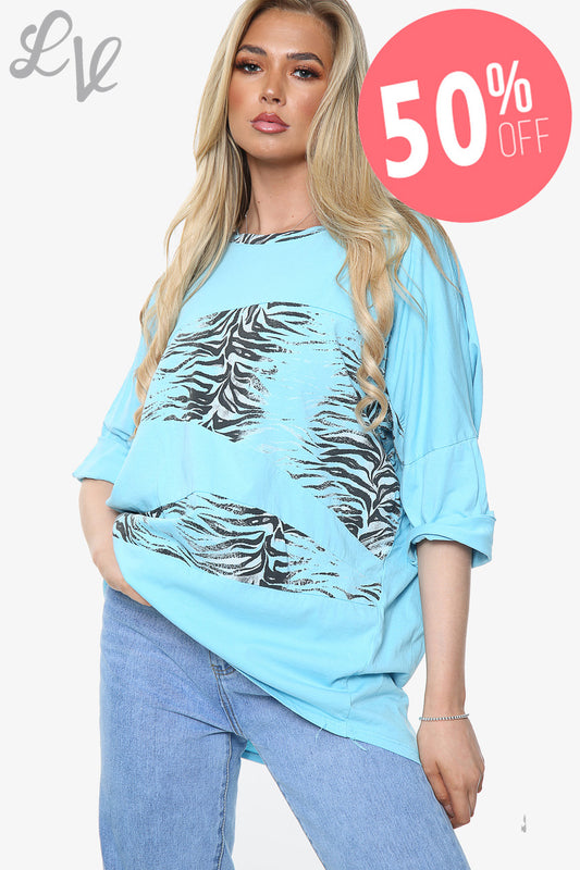 Ladies Animal Print Patchwork Top Turquoise Unit Price WAS £13.99 NOW £6.99