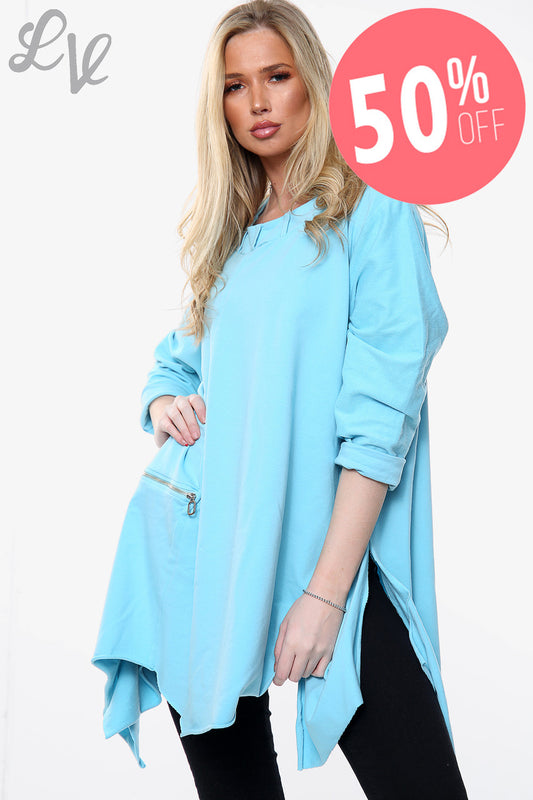 Ladies Draped Hem & Zip Detail Sweatshirt Top Turquoise Unit Price WAS £11.99 NOW £5.99