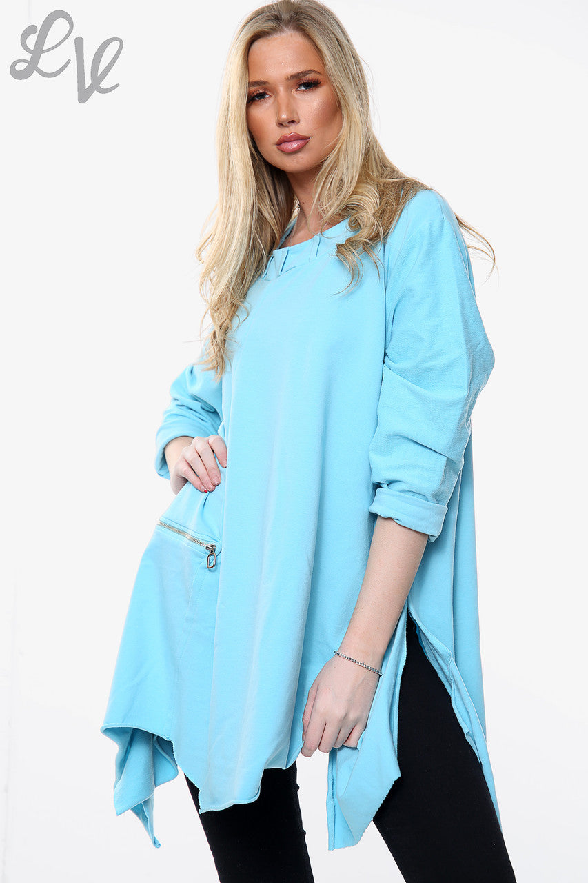 Dames Sweatshirt Top met Gedrapeerde Zoom & Ritsdetail Turkoois Stukprijs WAS £11,99 NU £5,99