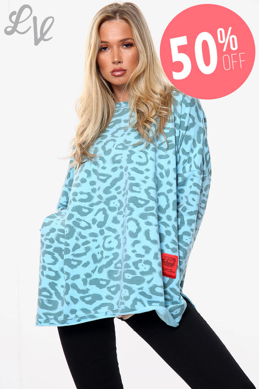 Ladies Animal Leopard Print Sweatshirt Top Turquoise Unit Price WAS £15.99 NOW £7.99