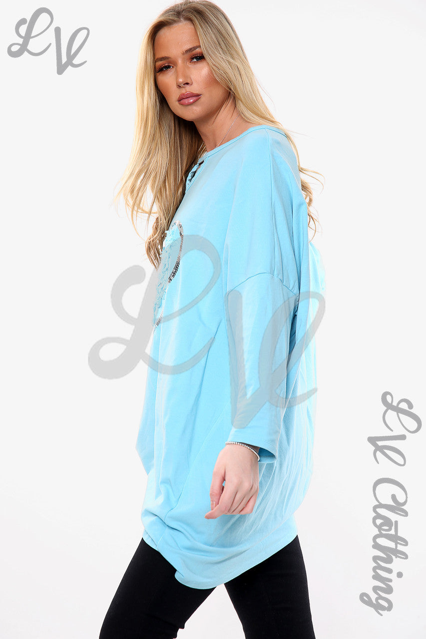 Damesapplicatie Ruche Folie Hart Sweatshirt Top Turkoois Prijs per eenheid €15,99
