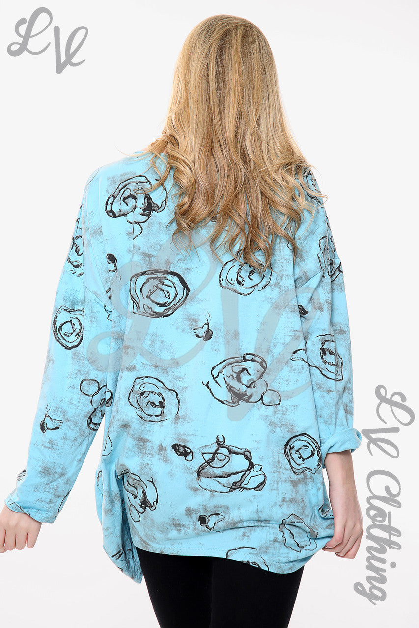 Dames Rose schets print sweatshirt top turquoise Stukprijs € 11,99