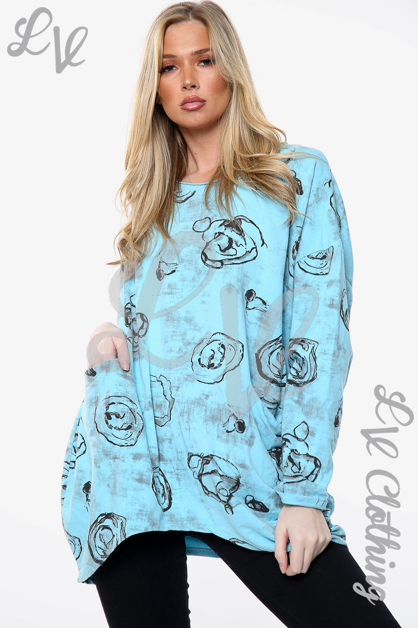 Dames Rose schets print sweatshirt top turquoise Stukprijs € 11,99