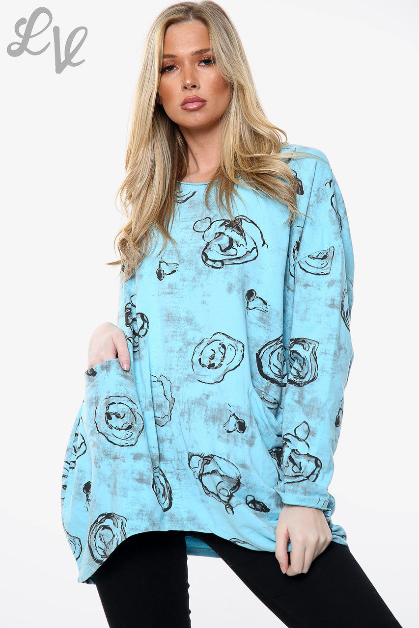 Dames Rose schets print sweatshirt top turquoise Stukprijs € 11,99