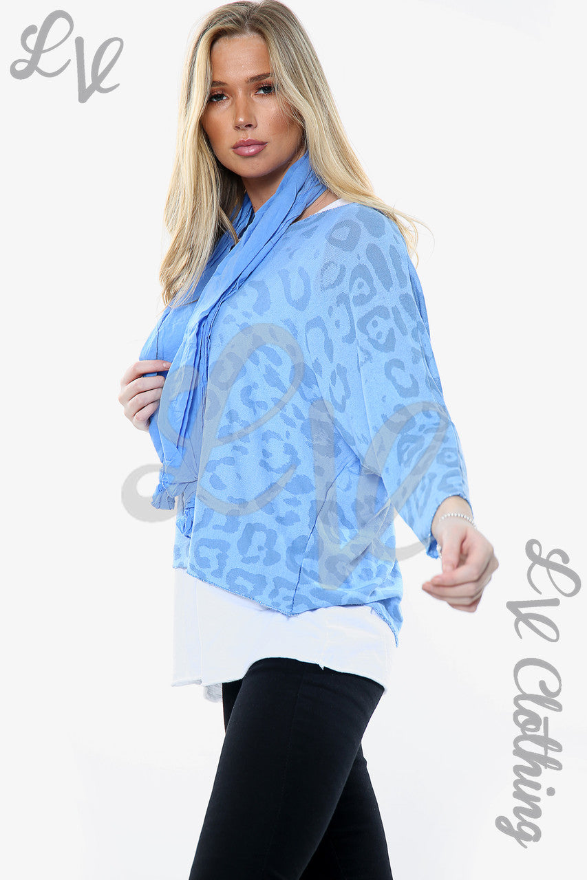 Dames top met luipaardprint, 2 lagen, met bijpassende sjaal, turkoois. Prijs per stuk WAS €13,99 NU €6,99