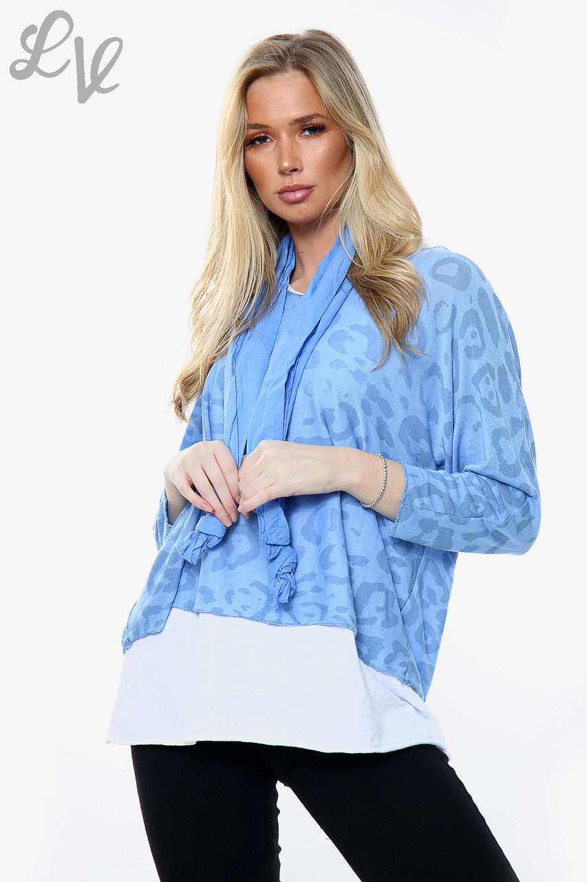 Dames top met luipaardprint, 2 lagen, met bijpassende sjaal, turkoois. Prijs per stuk WAS €13,99 NU €6,99