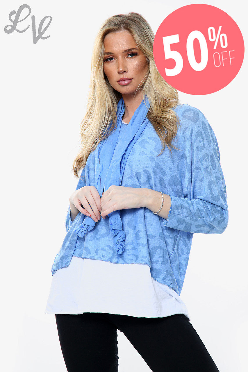 Dames top met luipaardprint, 2 lagen, met bijpassende sjaal, turkoois. Prijs per stuk WAS €13,99 NU €6,99