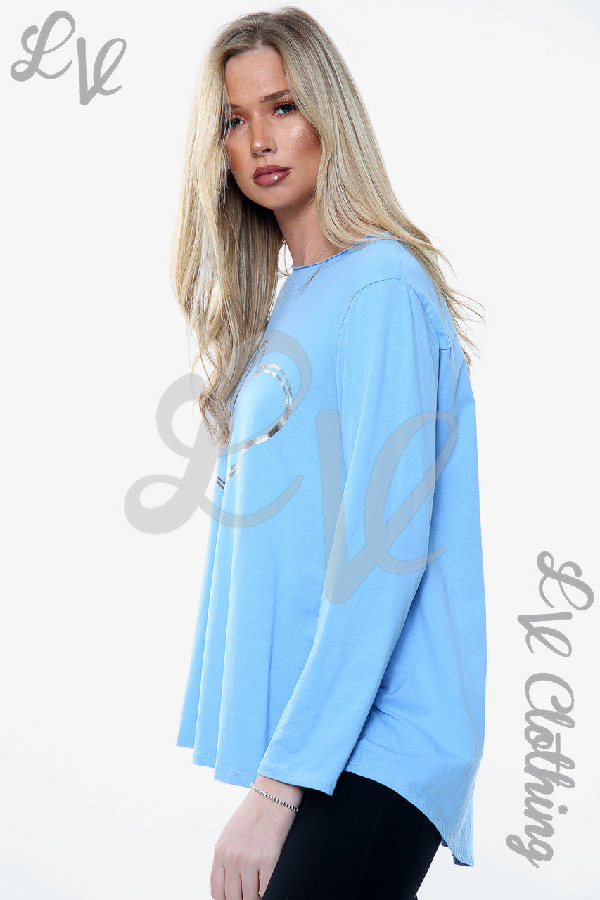 Ladies 2 Hearts Foil Graphic Top Turquoise Unit Price WAS £12.99 NOW £6.49