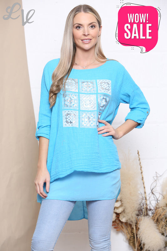 Ladies Mosaic Print Top Turquoise