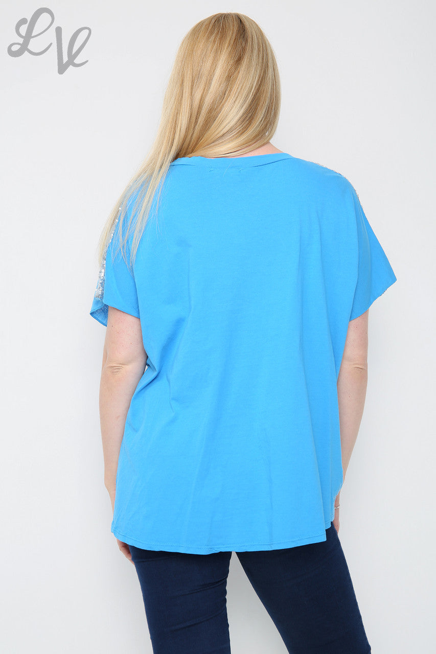 Dames Top Met Pailletten Hart En Schouders Blauw Stuksprijs € 8,99