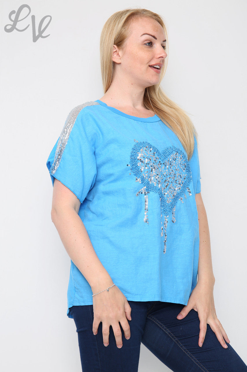 Dames Top Met Pailletten Hart En Schouders Blauw Stuksprijs € 8,99