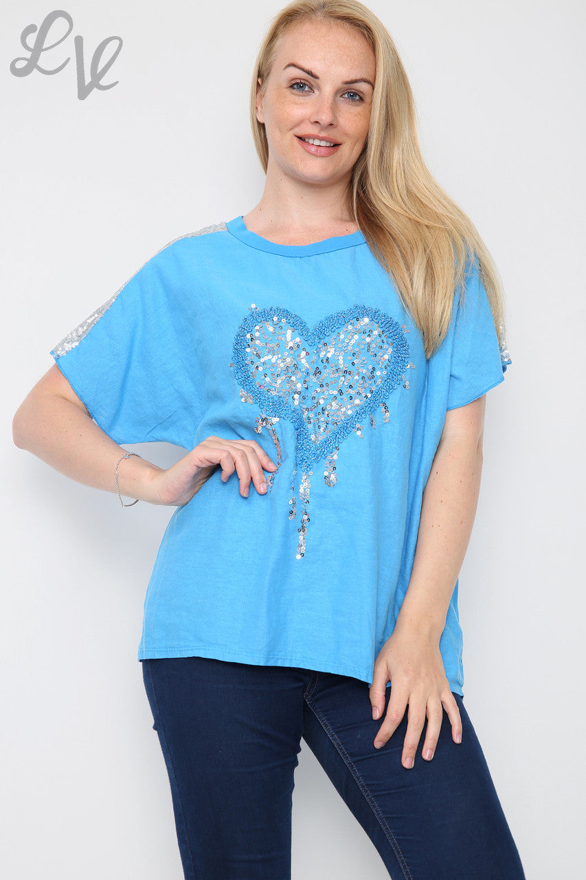 Dames Top Met Pailletten Hart En Schouders Blauw Stuksprijs € 8,99