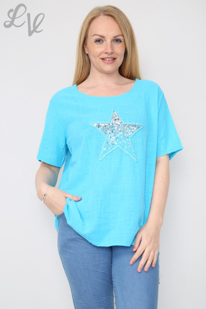 Dames ster pailletten top turquoise eenheidsprijs € 8,99