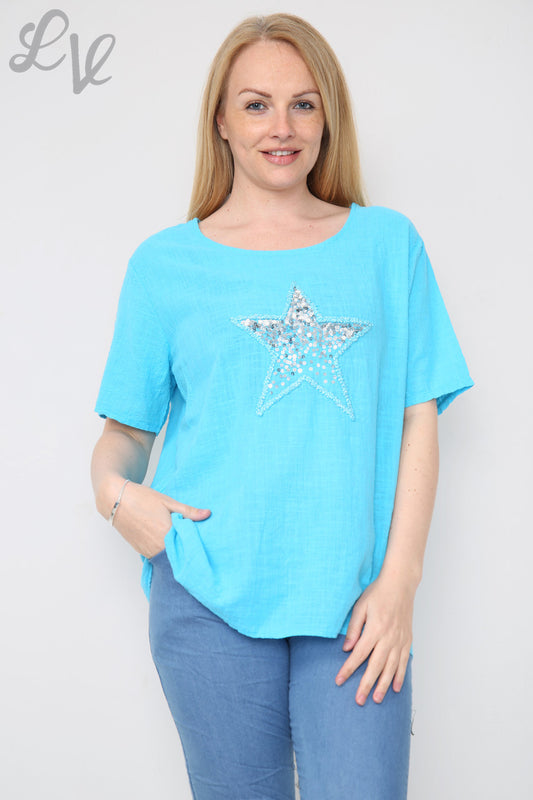 Ladies Star Sequin Top Turquoise Unit Price £8.99
