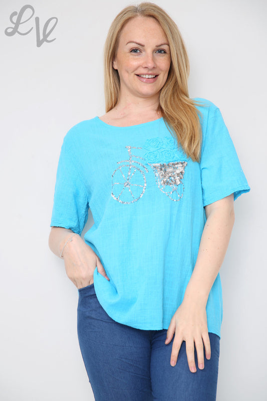 Ladies Bicycle Sequin Top Turquoise Unit Price £8.99
