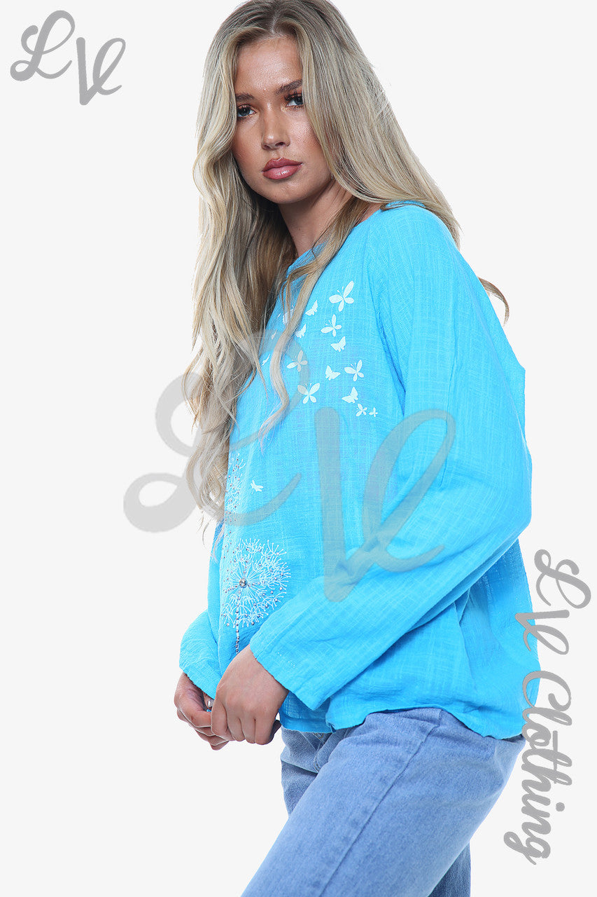 Dames Paardenbloem Top met Lange Mouwen Turkoois Eenheidsprijs €10,99