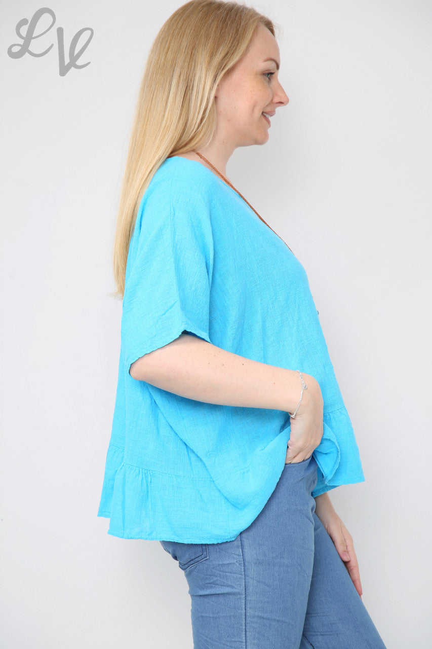 Dames Top met Rucheszoom en Ketting Turkoois Prijs per stuk € 8,99