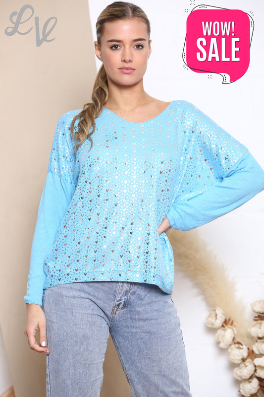 Dames Fijntricot Trui met Ditsy Hartjes Turquoise