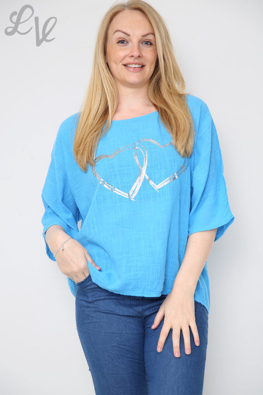 Ladies Double Foil Heart Top Turquoise Unit Price £7.99