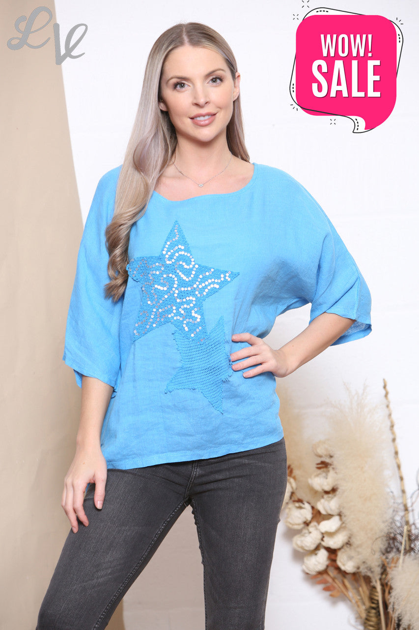 Dames Mesh Pailletten Sterren Top Turkoois