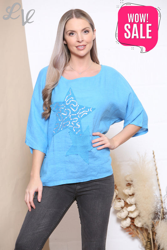 Ladies Mesh Sequin Stars Top Turquoise