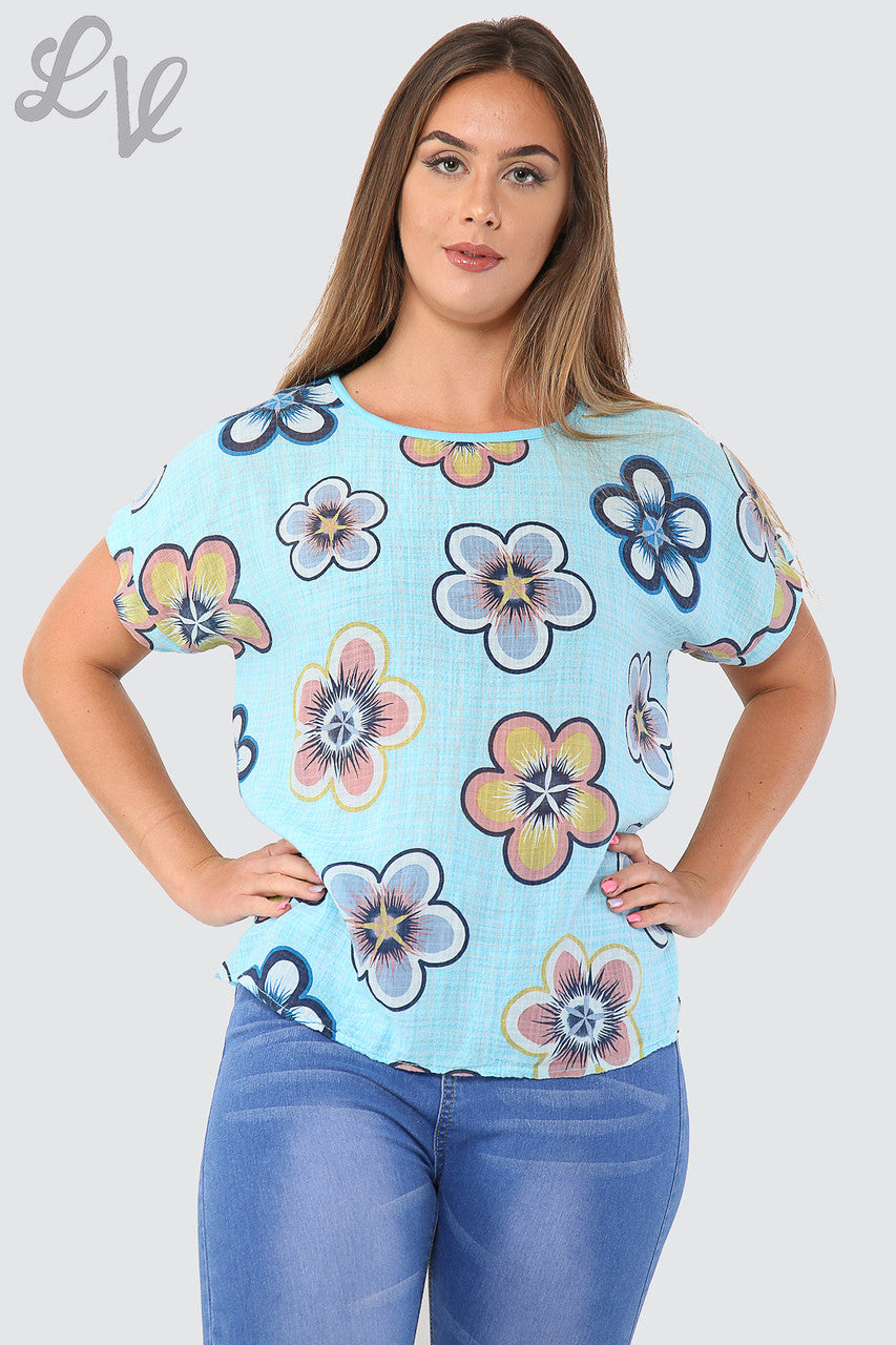 Dames top met zonnebloemprint turquoise Stukprijs € 7,99