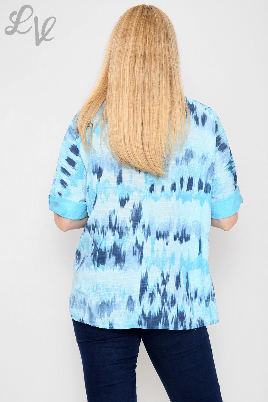 Ladies Tie Dye Stripes Print Simple Top Turquoise - Unit Price £7.99