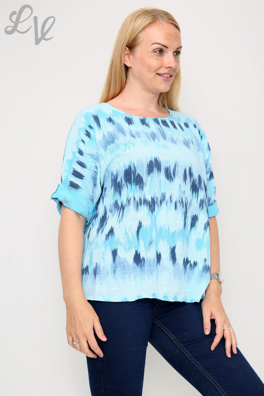 Ladies Tie Dye Stripes Print Simple Top Turquoise - Unit Price £7.99