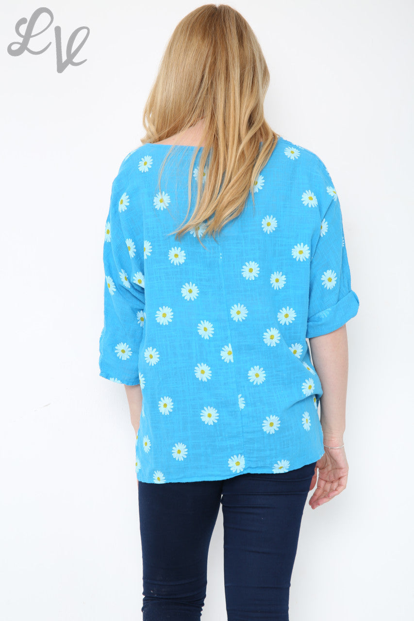 Ladies Daisies Floral Print Top Turquoise