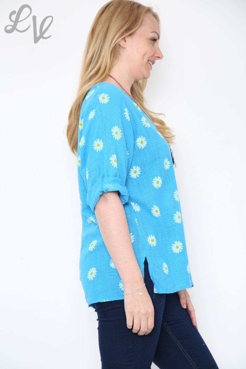 Ladies Daisies Floral Print Top Turquoise