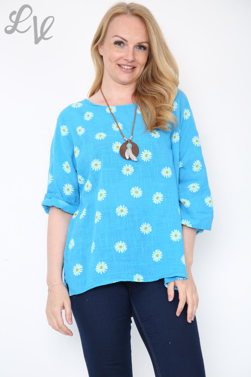 Ladies Daisies Floral Print Top Turquoise